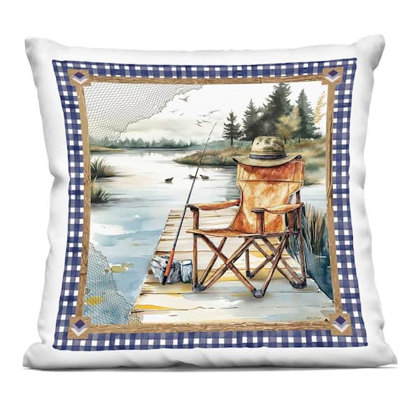 Stupell Industries Fishing Chair on Dock Blue Abstract Polyester 18 in. X 18 in. Throw Pillow