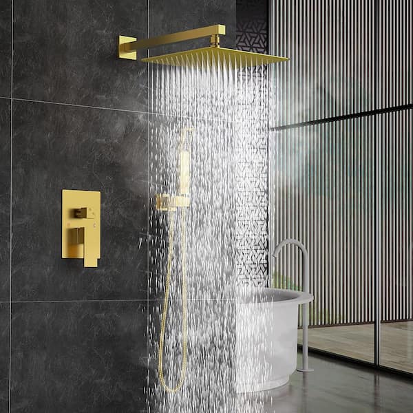 2-Spray Square High Pressure 10 in. Shower Head Brass Wall Bar Shower Kit with Hand Shower in Gold