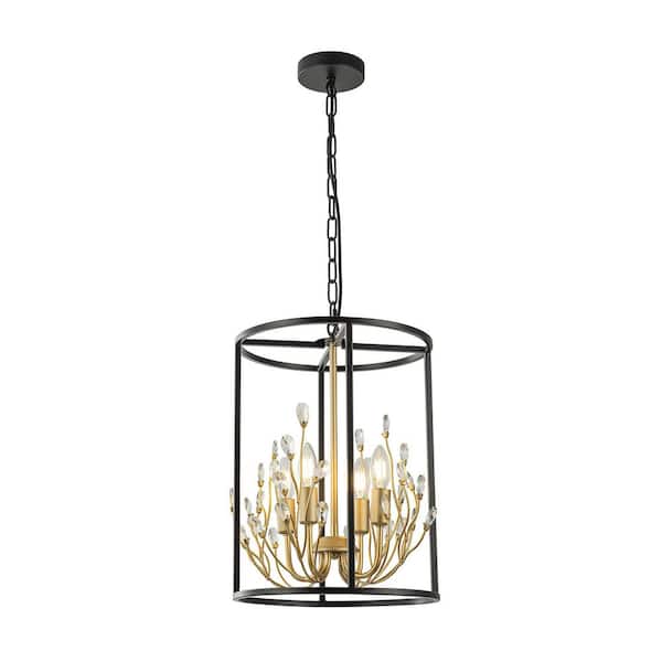 ELE Light & Decor Nova 4-Light Black and Gold Modern Glam Foyer Hall Chandelier with Crystal Accents No Bulbs Included