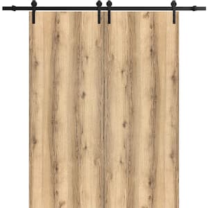 0010 60 in. x 80 in. Flush Oak Finished Wood Sliding Barn Door with Hardware Kit Black