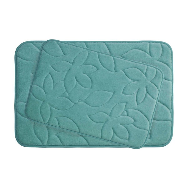 BounceComfort Blowing Leaves 17 in. x 24 in./ 20 in. x 34 in. 2-Piece Memory Foam Bath Mat Set in Marine Blue