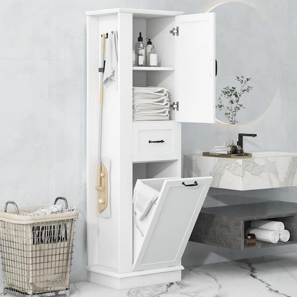 White 63.8 in. Tall Storage Cabinet with 2-Shelves, Tilt-Out Compartment, Drawer, Adjustable Shelves, Soft-Close Hinges