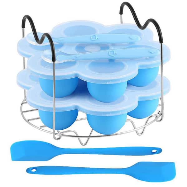 7-Piece Blue 8 in. Silicone Egg Bites Mold Set with Steamer Rack for 6 qt and 8 qt Pressure Cookers