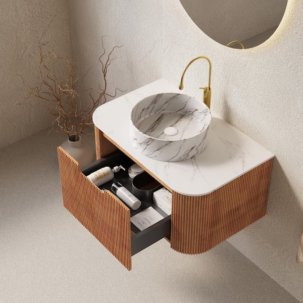 Loiry 30 in. Floating Natural Wood Bath Vanity with Ceramic Basin and White Artifical Marble Top Pre-assembled