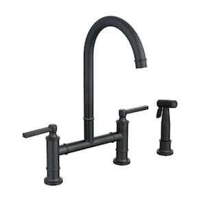 Double Handle Bridge Kitchen Faucet with Side Sprayer Commercial 304 Stainless Steel Kitchen Sink Faucets in Matte Black