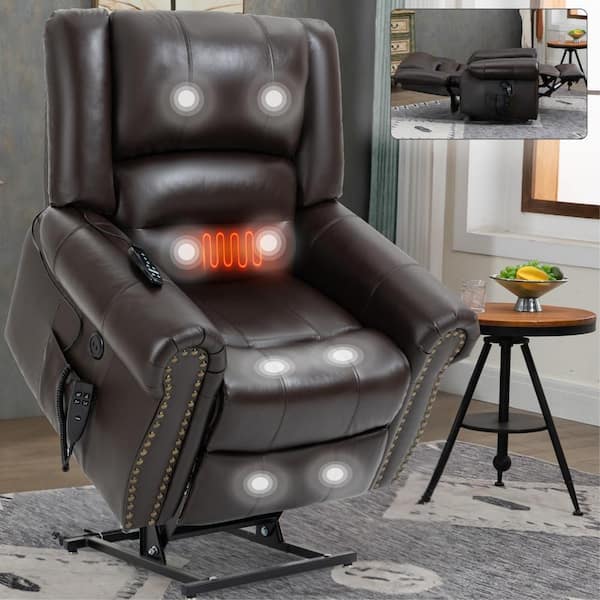 Power Lift Recliner Chair in Brown Genuine Leather with Heat, Massage, Dual Motor, USB Ports and 350 lb. Weight Capacity