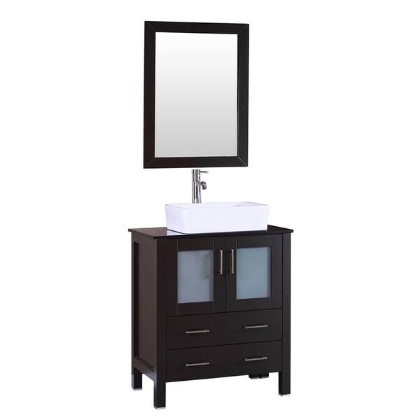 Bosconi 30 in. W Single Bath Vanity with Tempered Glass Vanity Top in Black with White Basin and Mirror