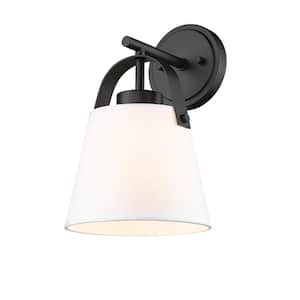 Z-Studio Linen Pendant 8 in. 1 Light Matte Black Wall Sconce Light with Ivory Fabric Shade with No Bulbs Included
