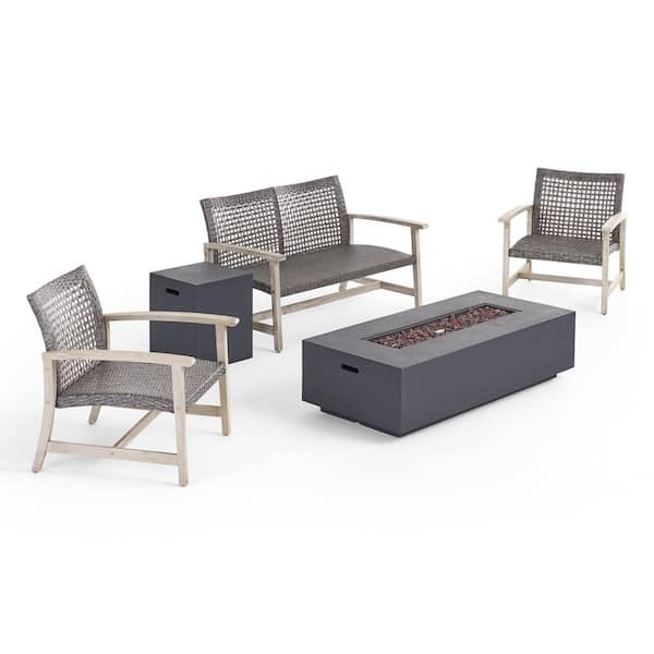 Noble House Augusta Light Grey 5-Piece Wood Patio Fire Pit Seating Set