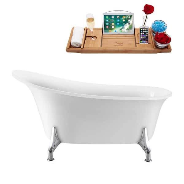 Streamline 59 in. Acrylic Clawfoot Non-Whirlpool Bathtub in Glossy White With Polished Chrome Clawfeet And Glossy White Drain
