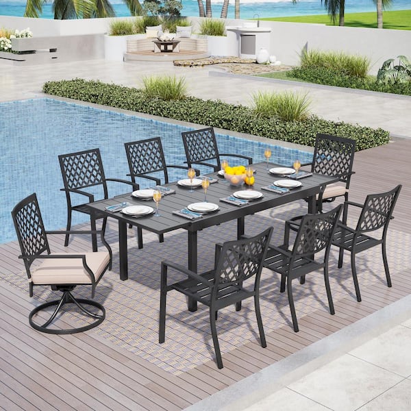 PHI VILLA 9-Piece Metal Patio Outdoor Dining Set with Extendable Table and 2 Swivel Chairs with Beige Cushions