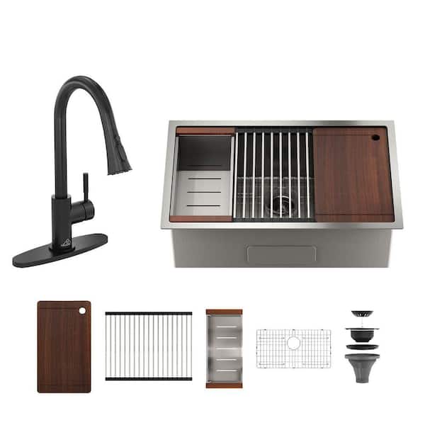 30 in. Undermount Single Bowl 18 Gauge Brushed Nickel Stainless Steel Kitchen Workstation Sink with Black Faucet