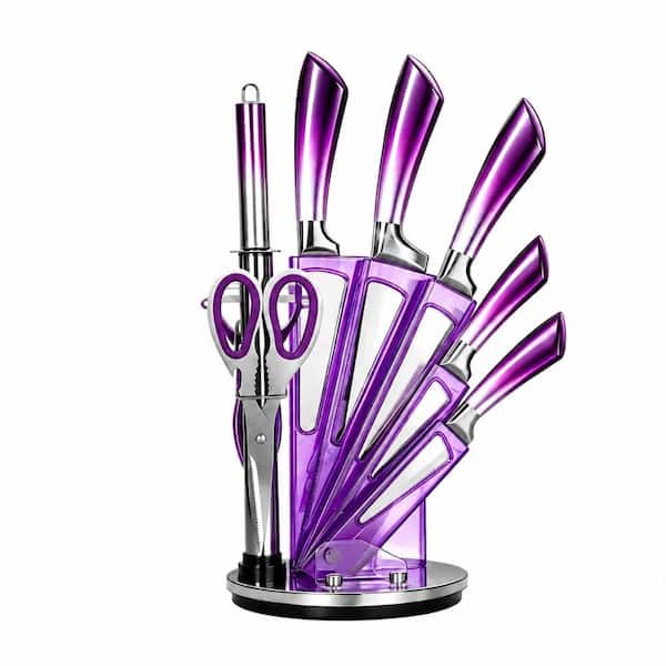9-Piece Non-Stick Stainless Steel Knife Set in Purple Gradient with Acrylic Block, Scissors, Peeler