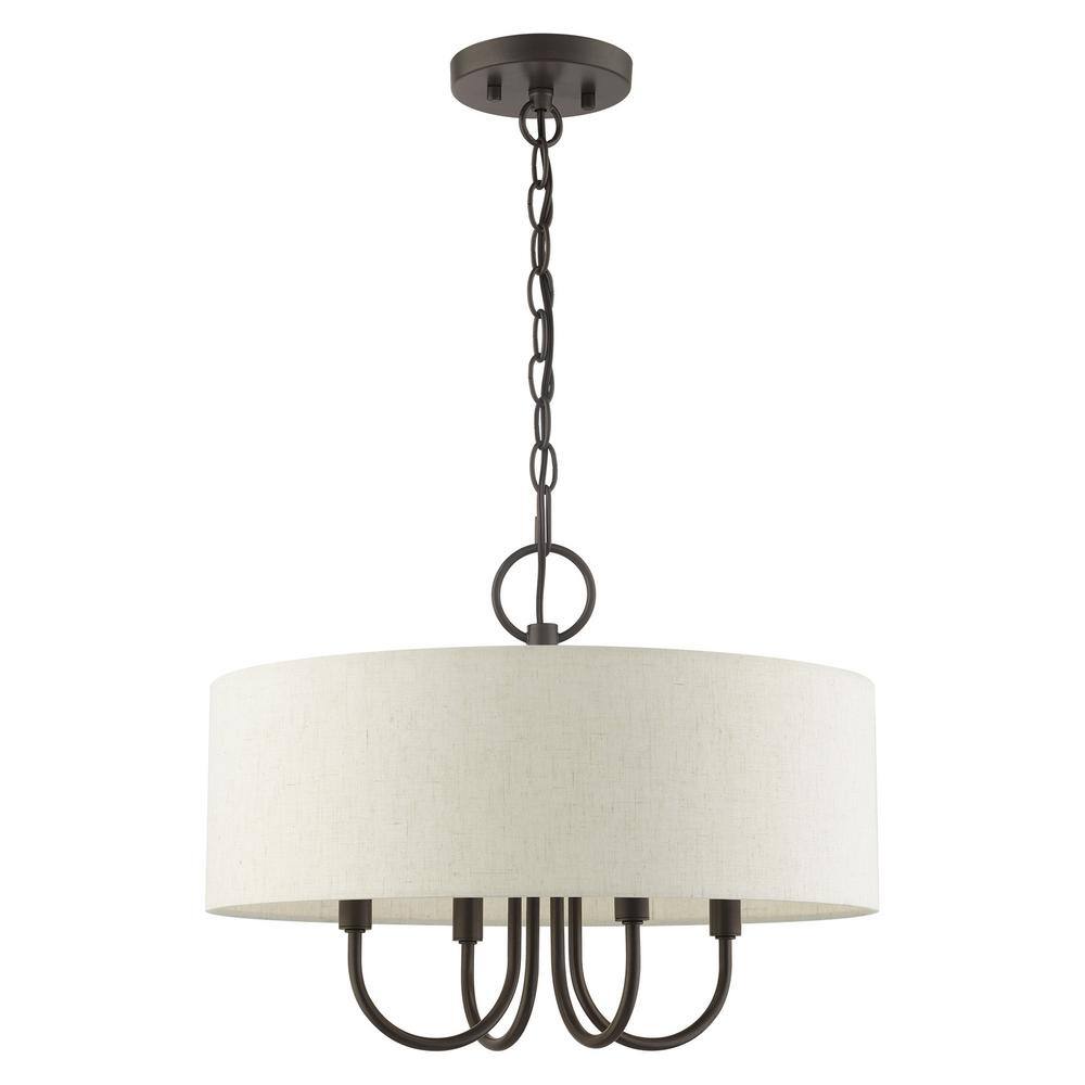 Mini Bronze Drum 4-Light Pendant Chandelier with Oatmeal Shade