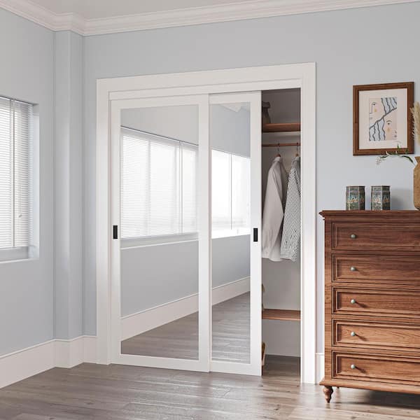 72 in. x 80 in. Solid Core 1-Lite Mirror White Primed MDF Interior Closet Sliding Door with Hardware