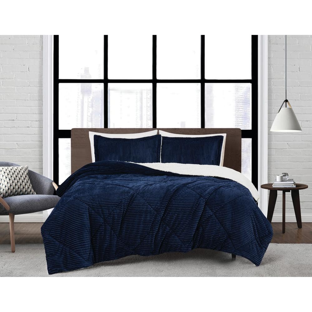 London Fog Corduroy Polyester Blue King 3 Piece Comforter Set