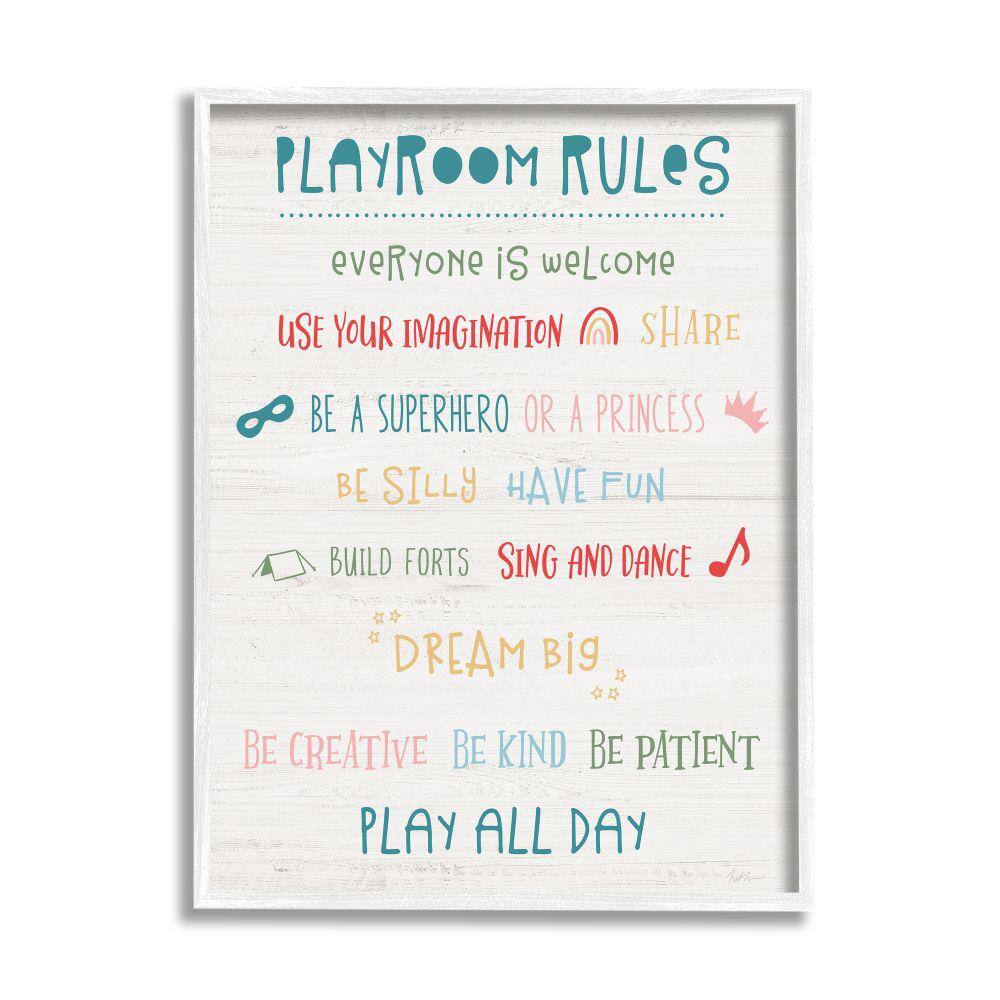 White Framed Playroom Rules Motivational Wall Art, 16 x 20