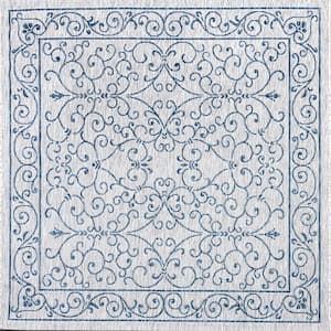 Charleston Gray/Navy 5 ft. Vintage Filigree Textured Weave Indoor/Outdoor Square Area Rug