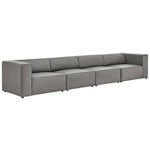 Mingle 4-Piece Gray Faux Leather Straight Symmetrical Sectionals Sofa with Elegant Trim Piping