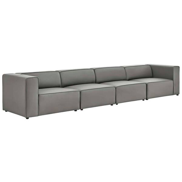 MODWAY Mingle 4-Piece Gray Faux Leather Straight Symmetrical Sectionals Sofa with Elegant Trim Piping