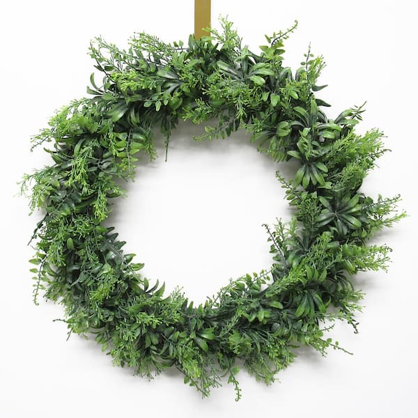 18 in. Frosted Green Artificial Mix Fern Flowering Leaf Foliage Greenery Wreath