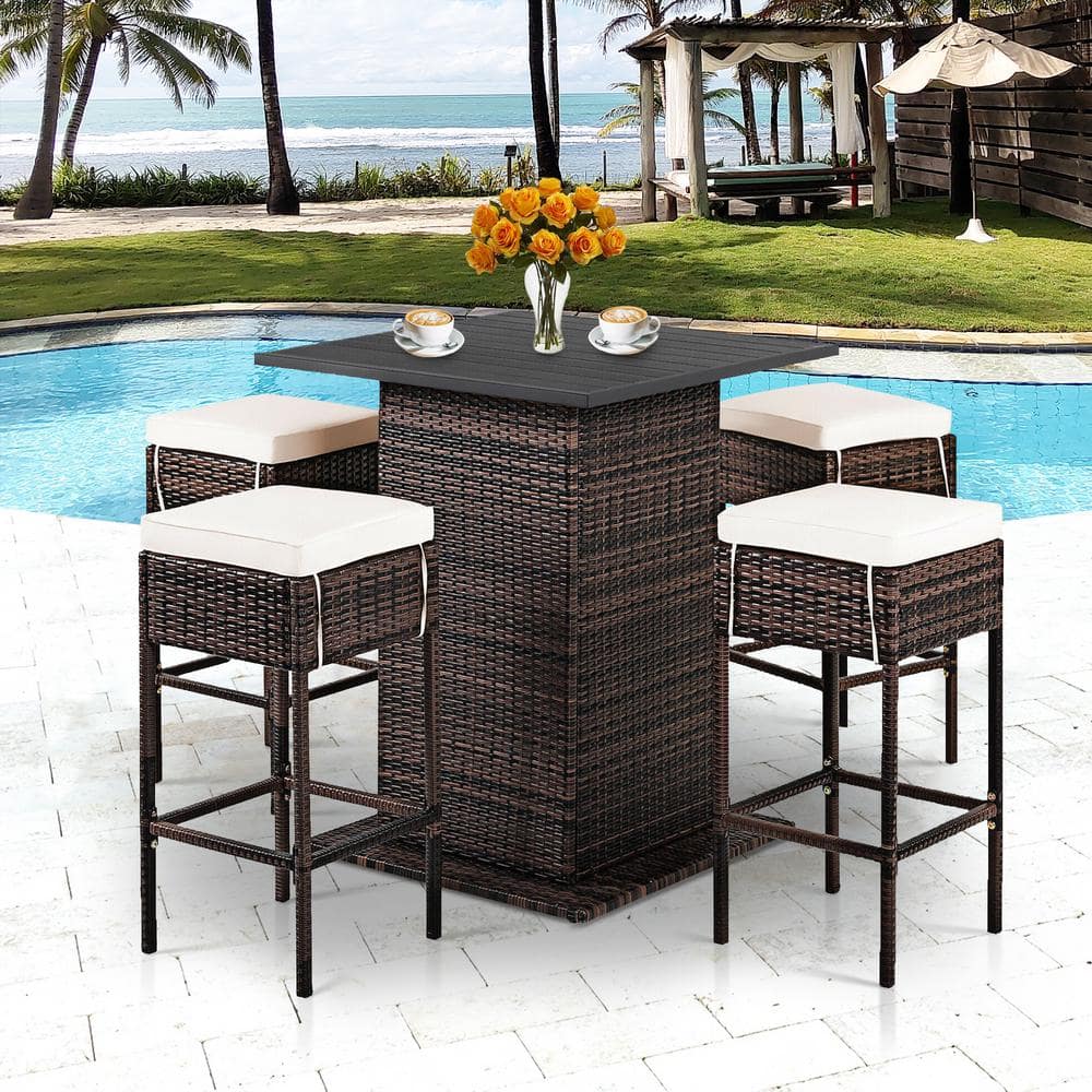 Gray Wicker 5-Piece Outdoor Bar Set with White Cushions