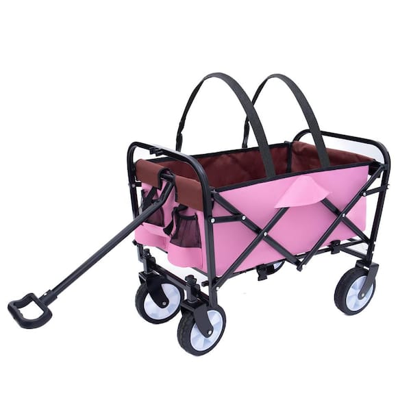 Unbranded 3 cu. ft. Strap Collapsible Foldable Wagon Cart Steel Garden Cart Supports 225 lbs. Pink