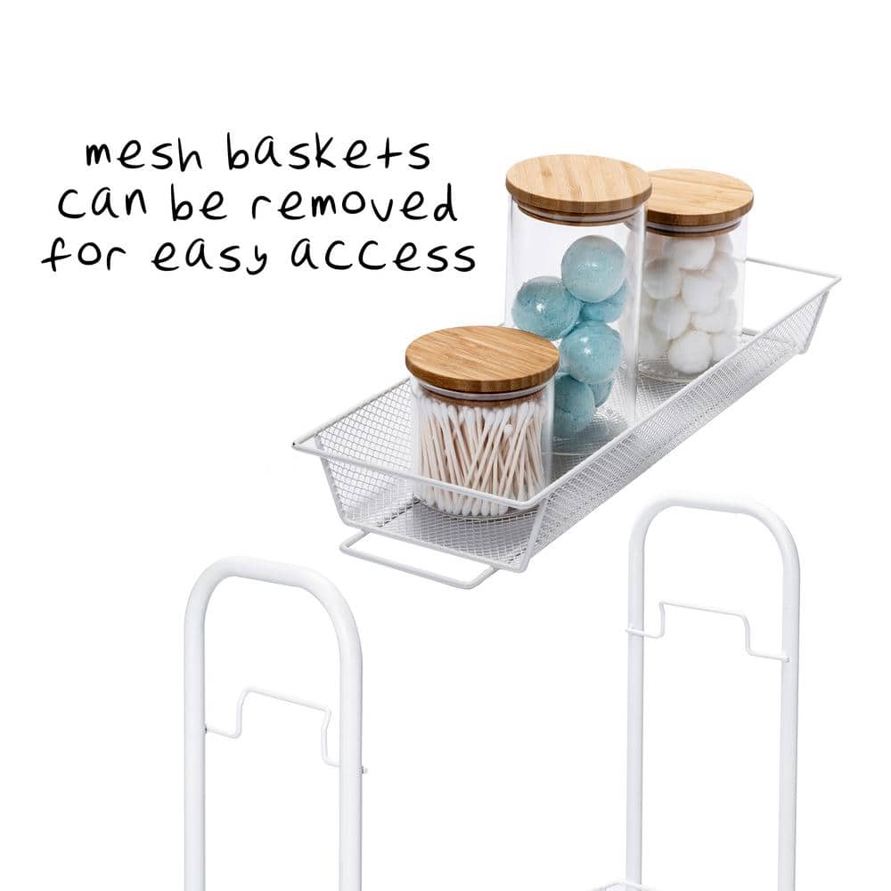 Slim White 3-Tier Wire Mesh Rolling Storage Cart