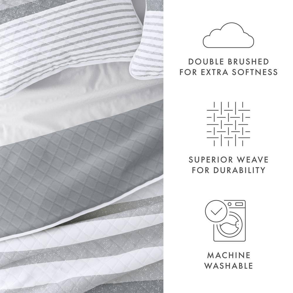 Light Gray Twin Reversible Microfiber Quilt Set with Stripes
