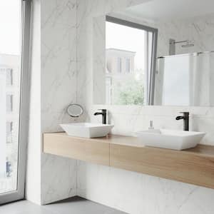 Matte Stone Vinca Composite Rectangular Vessel Bathroom Sink in White with Faucet and Pop-Up Drain in Antique Bronze