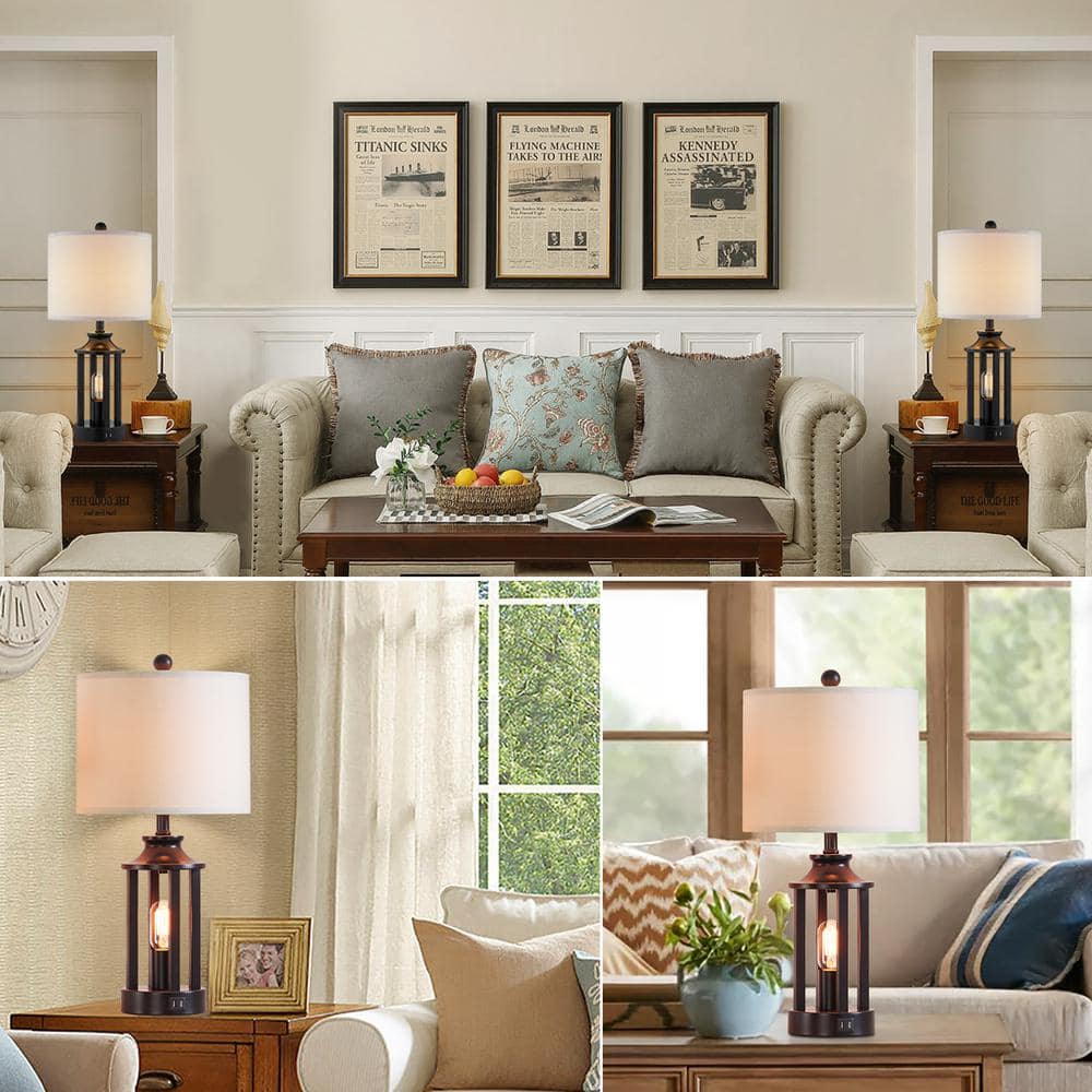 23.6" Black Matte Metal Table Lamp Set with White Linen Drum Shade
