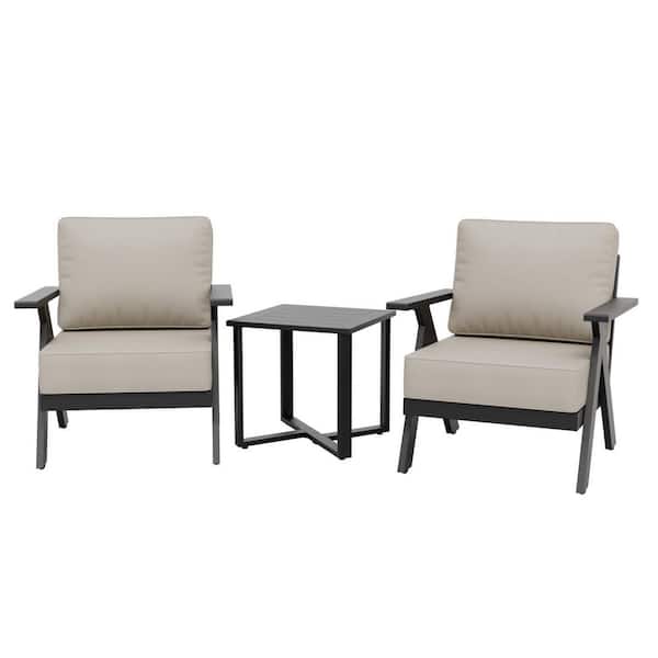 3-Piece Black Aluminum Outdoor Lounge Chair with Beige Cushion, Patio Conversation Set with Coffee Table