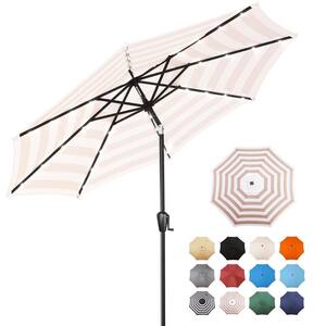 9 ft. Steel Market Solar Lighted 8-Rib Round Patio Umbrella in Beige and White Stripe