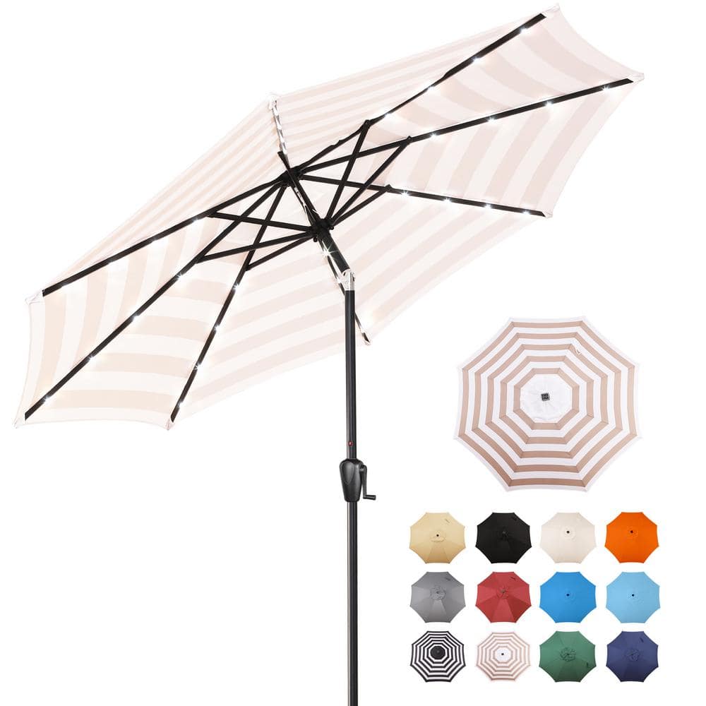 9 ft. Steel Market Solar Lighted 8-Rib Round Patio Umbrella in Beige and White Stripe price history on PriceWatchPro