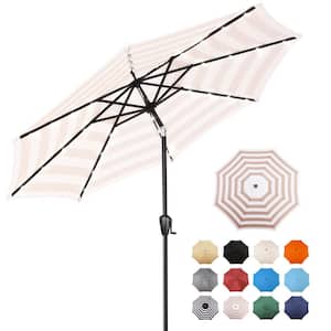 9 ft. Steel Market Solar Lighted 8-Rib Round Patio Umbrella in Beige and White Stripe