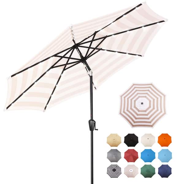 9 ft. Steel Market Solar Lighted 8-Rib Round Patio Umbrella in Beige and White Stripe