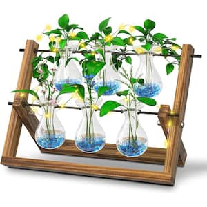 Double Layer 16 in. White Glass Plant Water Propagation Station with Wooden Stand