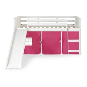 White Twin Louver Low Loft Bed with Slide and Pink Tent