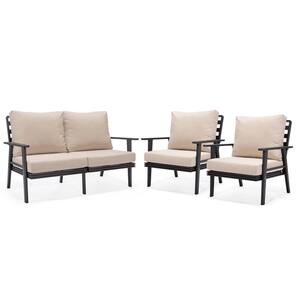 Walbrooke Black 3-Piece Aluminum Outdoor Loveseat and Set of 2 Armchairs with Removable Cushions, Beige