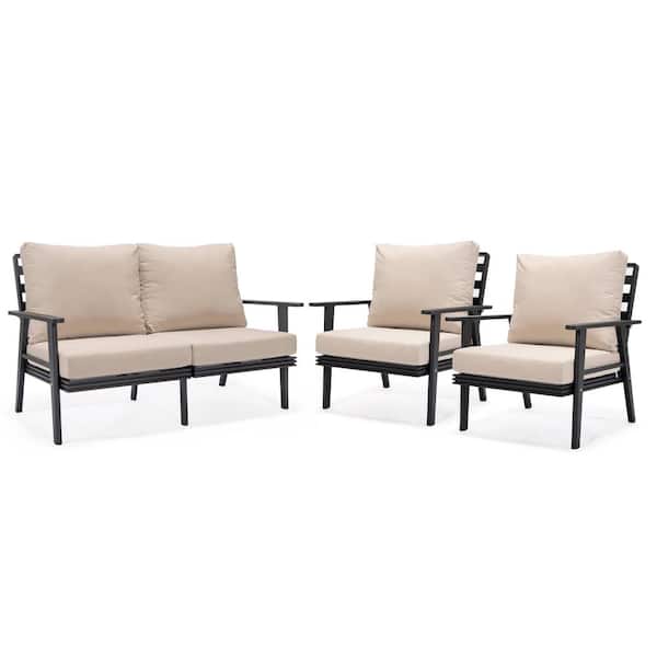Leisuremod Walbrooke Black 3-Piece Aluminum Outdoor Loveseat and Set of 2 Armchairs with Removable Cushions, Beige