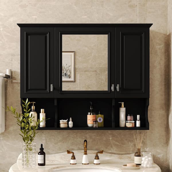 35 in. W x 28.7 in. H Black Rectangular MDF Medicine Cabinet with Mirror