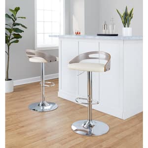Cassis 32.75 in. Cream Faux Leather, Light Grey Wood and Chrome Metal Adjustable Bar Stool (Set of 2)