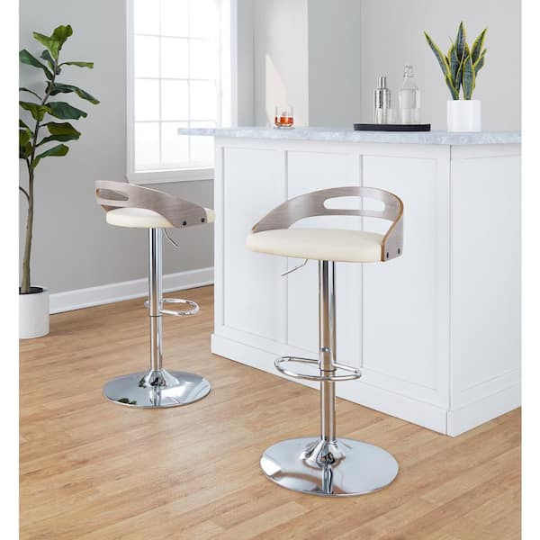 Lumisource Cassis 32.75 in. Cream Faux Leather, Light Grey Wood and Chrome Metal Adjustable Bar Stool (Set of 2)