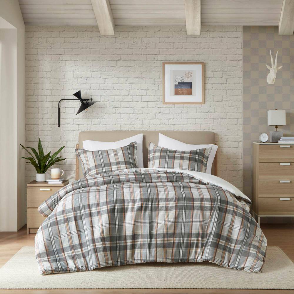 Tan and Gray Plaid Cotton Full/Queen Duvet Cover Set