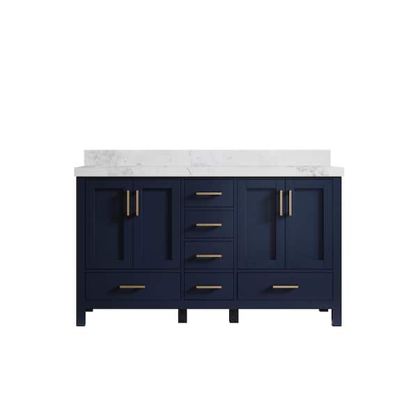 Willow Collections Malibu 60 in. W x 22 in. D x 36 in. H Double Sink Bath Vanity in Navy Blue with 2 in. Calacatta Nuvo Top