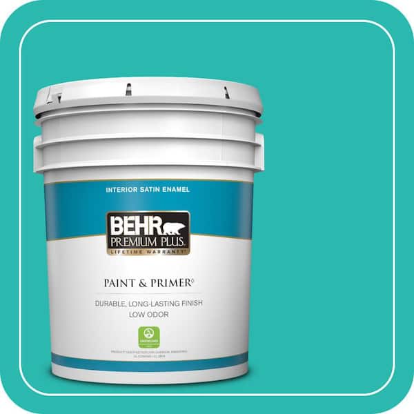 BEHR PREMIUM PLUS 5 gal. #P450-5 Island Aqua Satin Enamel Low Odor Interior Paint & Primer