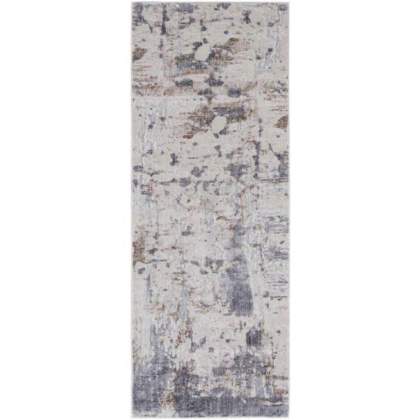 2 ft. x 12 ft. Ivory, Gray, Blue Abstract Runner Rug