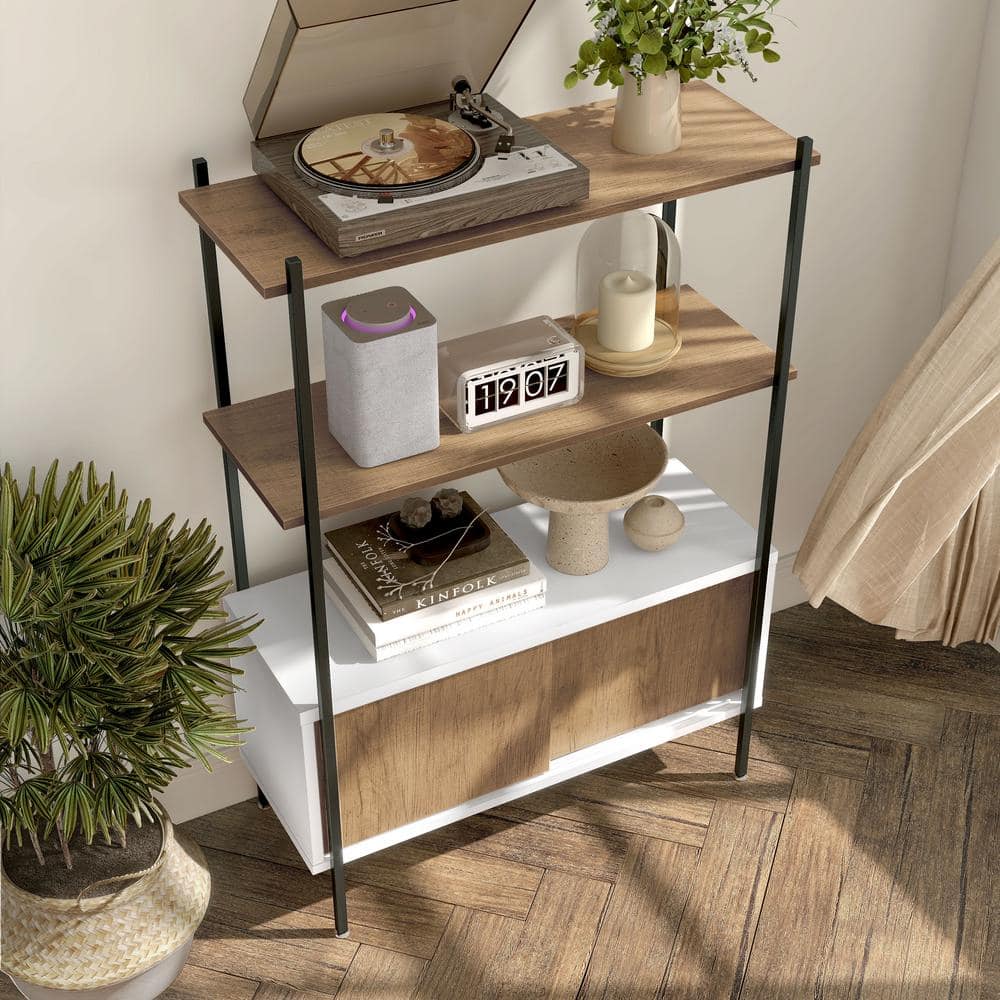 White and Oak Adjustable 3-Shelf Bookcase with Sliding Doors