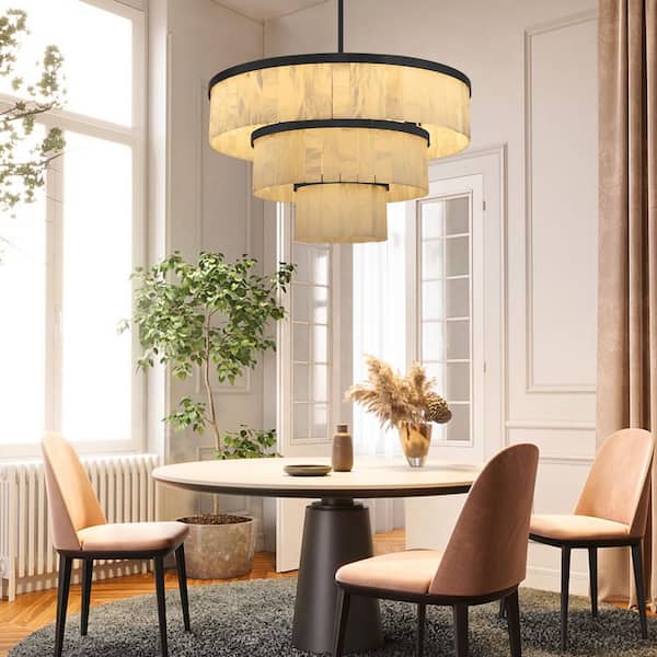 34 in. 15-Light Dimmable Alabaster Black LED Round 3-Tiers Chandelier, for Living Room, Dining Room, Kitchen Island