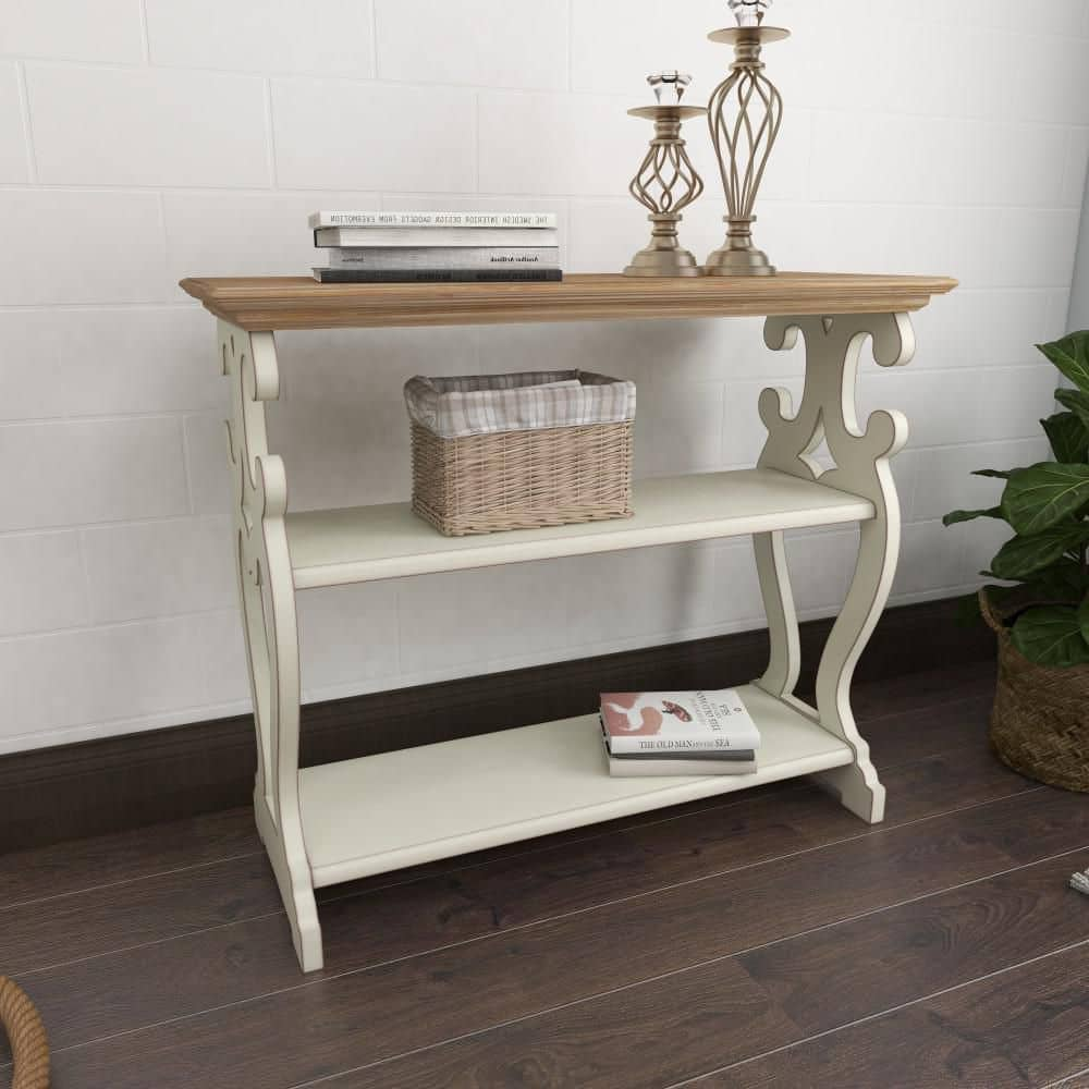 38 in. White Extra Large Rectangle Wood Scroll Side Frames 2 Shelf Console Table with Brown Wood Top -  Litton Lane, 44457